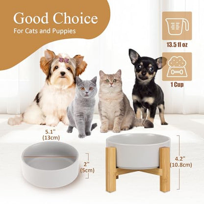Elevated Ceramic Cat Bowl - Cat Food Bowl with Bamboo Stand - Raised Dog Dish for Puppies - Anti Vomiting, Stress Free - 13.5 oz / 400 ml - Grey - color: Grey, size: Small