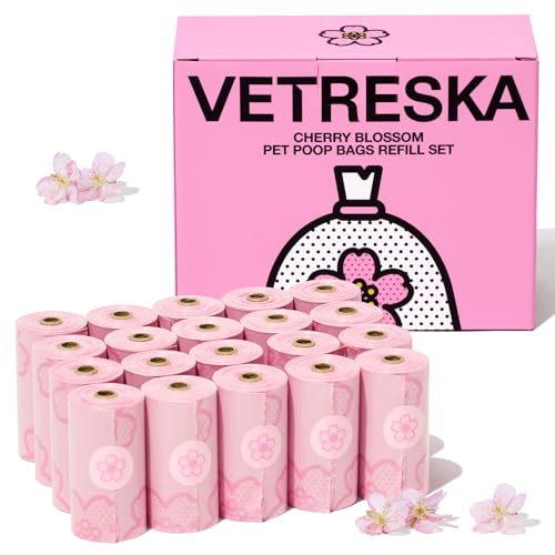 VETRESKA Cherry Blossom Scented Dog Poop Bags, Leak Proof, Extra Thick and Large Pet Waste Bags for Dog Walking and Cat Litter, 20 Refill Rolls, 300 Bags, Pink - size: 1 Count (Pack of 300), style: Cherry Blossom