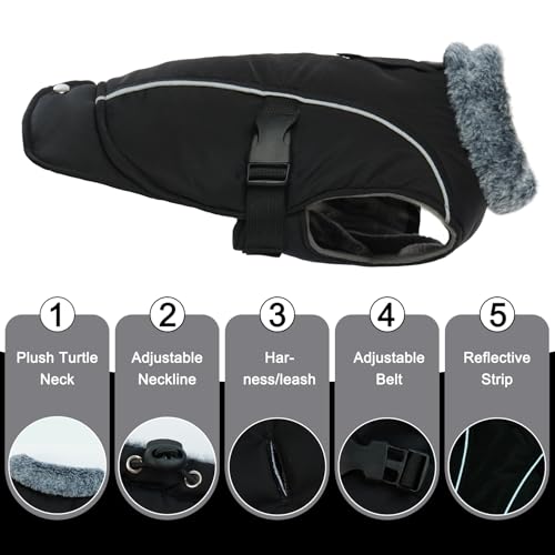 DENTRUN Warm Dog Winter Coat, Easy On Reflective Turtleneck Fleece Jacket | Adjustable buckle, easy on off, windproof & water-repellent, thick fleece snowsuit, outfit fits small to large breeds - color: Black, size: Medium