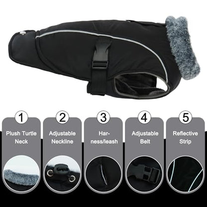 DENTRUN Warm Dog Winter Coat, Easy On Reflective Turtleneck Fleece Jacket | Adjustable buckle, easy on off, windproof & water-repellent, thick fleece snowsuit, outfit fits small to large breeds - color: Black, size: Medium