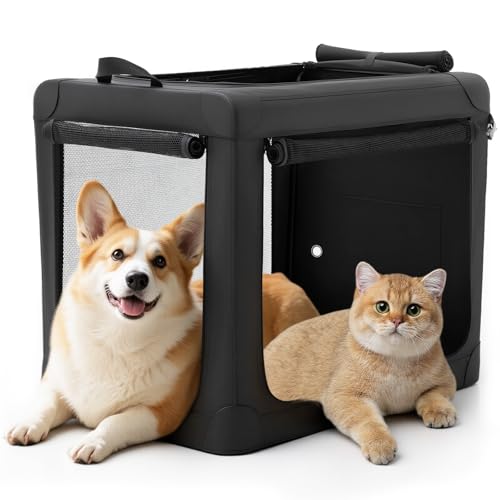 DUMOS Dog Crate 30 Inch Travel Cat Pet Carrier for Small Medium, Portable Foldable Soft Pet Crate with Storage Bag & Washable Pad for Indoor Outdoor Dog Kennel Carrier (M-50lbs, Black) - color: Black, size: 30 Inch