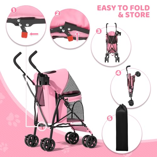 Magshion Compact Pet Stroller for Small-Medium Dogs/Cats up to 22lbs, 4-Wheel Lightweight Umbrella Shaped Portable Puppy Travel Jogger with Breathable Mesh, Cup Holder & Rear Storage, Pink - color: Pink, style: Up to 22 lbs