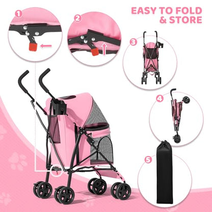 Magshion Compact Pet Stroller for Small-Medium Dogs/Cats up to 22lbs, 4-Wheel Lightweight Umbrella Shaped Portable Puppy Travel Jogger with Breathable Mesh, Cup Holder & Rear Storage, Pink - color: Pink, style: Up to 22 lbs