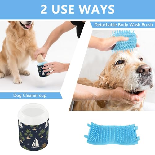 Tropical Palm Tree Blue Print Dog Paw Cleaner Cup with Soft Silicone Brush, Portable Small Lightweight Muddy Paw Washer for Dogs, Easy to Use Pet Foot Cleaner