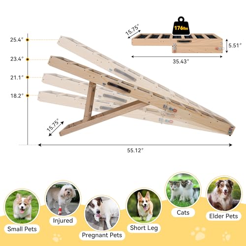 Dog Ramp for Bed, Couch, Car-55 L Gentle Slope Folding Pet Ramp with Non-Slip Surface and Metal Reinforced-High Traction,4 Adjustable Heights 18"-25", Supports 176lbs for Small Medium Large Dogs - size: 55"L