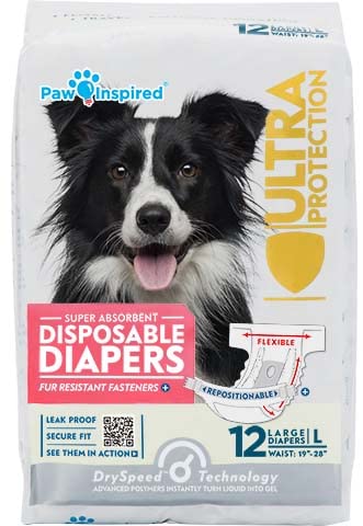 Paw Inspired Disposable Dog Diapers | Female Dog Diapers Ultra Protection | Diapers for Dogs in Heat, Excitable Urination, or Incontinence (12&144 Count) (Large (12 Count)) - size: Large (12 Count)
