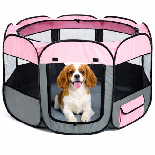 Pet Life All-Terrain Lightweight Wire-Framed Folding Collapsible Pet Playpen, Travel Cat and Dog Playpen, Features Breathable Mesh and Zippered Entrances with Carrying case - color: Pink