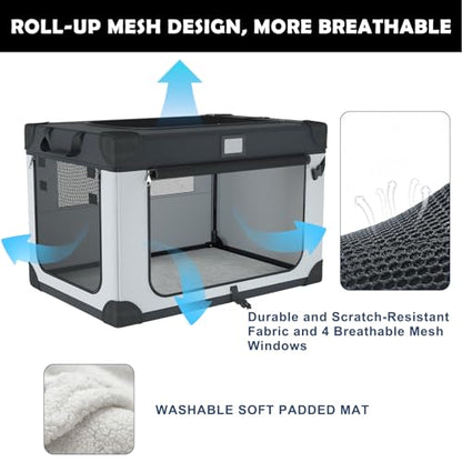 30 Inch Portable Dog Crate, Collapsible Dog Travel Crate for Indoor and Outdoor Use, 3-Door Foldable Soft Kenne with Mesh Windows, Warm Blanket and Foldable Bowl - size: 30.0"L x 21.0"W x 21.0"H