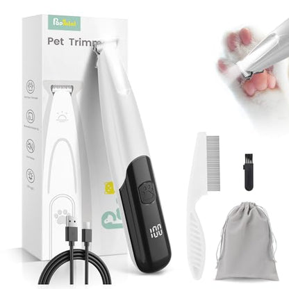 PAPMINI Dog Paw Trimmer with LED Light, 35dB Low Noise Paw Trimmers for Dog's Feet, 2 Speed Safety Electric Dog Clippers for Grooming, Rechargeable Cat Shaver for Paws, Ears, Face, Rump (White) - color: White