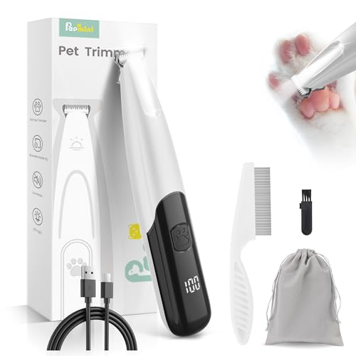 PAPMINI Dog Paw Trimmer with LED Light, 35dB Low Noise Paw Trimmers for Dog's Feet, 2 Speed Safety Electric Dog Clippers for Grooming, Rechargeable Cat Shaver for Paws, Ears, Face, Rump (White) - color: White
