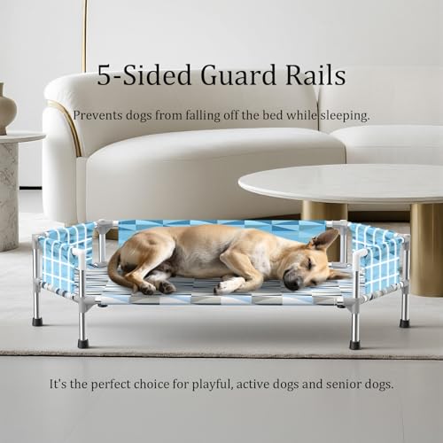 Elevated Dog Bed with Guardrail, Cooling Outdoor Pet Cot with 5-Sided Fence，Raised Dog Cot with 6-Metal Frame - size: Fence M
