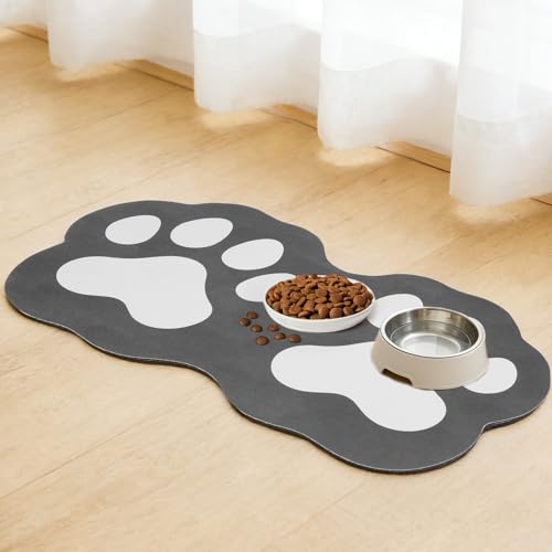 PUPTECK Dog Food Mat, Quick Absorbent Pet Cat Feeding Mat, Anti-Slip Dog Placemat for Food and Water Bowls with Rubber Backing, No Stains Floors Waterproof Indoor, Grayish Black & White 16"x24" - color: Grayish Black&White, size: M (16"x24")