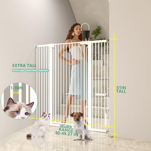 51" Extra Tall Cat Gate 30"-49.27" Wide, Auto Close, Pressure Mounted, for Cats & Small Dogs, Hallway, Stairs, Kitchen, Not Baby Gate,White - color: White, size: 51"H,30-49.27"W-White