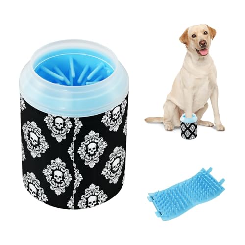 Gothic Skulls Black Pattern Dog Paw Cleaner Cup with Soft Silicone Brush, Lightweight Portable Small Muddy Paw Washer for Dogs, Easy to Use Pet Foot Cleaner