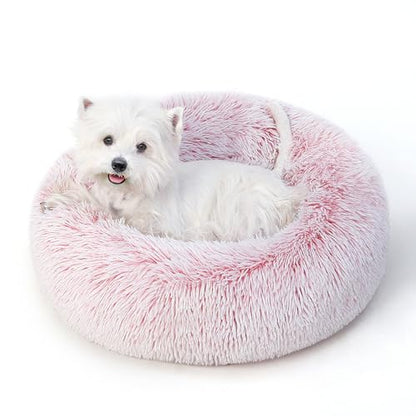 Calming Round Dog Bed & Cat Bed with Anti-Slip Bottom, Medium Size Washable Anti-Anxiety Donut Dog Beds for Small Dogs & Cats, Fluffy Plush Soft Dog Bed(24 Inch, Pink) - color: Pink, size: 24"l x 24"w x 8"th