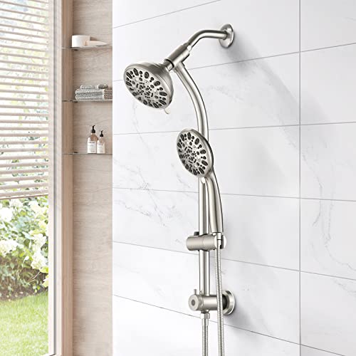 High Pressure 48-Settings Shower Head with Handheld Shower,Drill-Free 3-Way Diverter for Easy Reach,Adjustable Height Slide Bar Dual Shower Head Combo Set - Brushed Nickel - color: Brushed Nickel