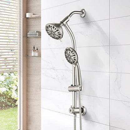 High Pressure 48-Settings Shower Head with Handheld Shower,Drill-Free 3-Way Diverter for Easy Reach,Adjustable Height Slide Bar Dual Shower Head Combo Set - Brushed Nickel - color: Brushed Nickel