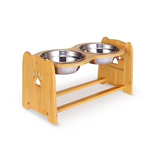X-ZONE PET Elevated Dog Bowls for Cats and Dogs, Adjustable Bamboo Raised Dog Bowls for Large Dog, Food and Water Stand Feeder with 2 Stainless Steel Bowls Anti Slip Feet (Height 5.1" to 7.5" to 10")… - size: L- Height 5.1" up to 10"