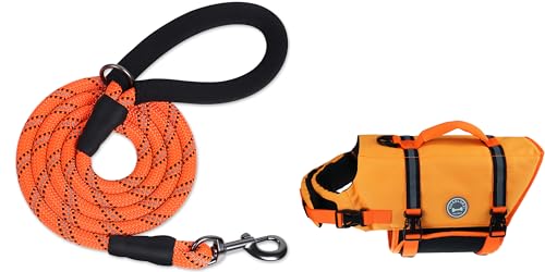 VIVAGLORY Rope Dog Leash + Dog Life Jacket, Neoprene Padded Handle Durable Strong for Small Medium Large Pets
