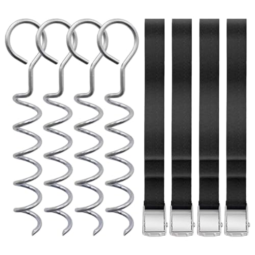 ABOOFAN Heavy Duty Spiral Metal Ground Stakes with Straps, Portable Dog Tie Out Anchor Set for Outdoor Camping, Tent and Trampoline Securement, 4pcs Stake Kit