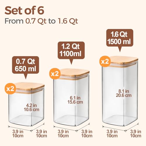 ComSaf Glass Pantry Storage Containers (0.7Qt/1.2Qt/1.6Qt) Set of 6, Glass Storage Containers with Lids, Kitchen Food Storage Jar, Square Glass Jars for Flour Cereal Sugar Tea Coffee Beans Snacks - size: 0.7Qt*2/1.2Qt*2/1.6Qt*2