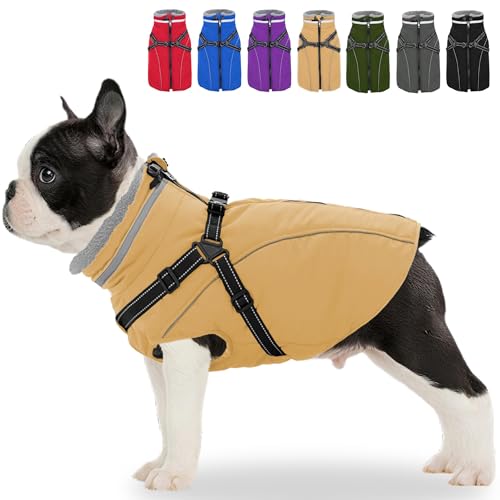 Fragralley Dog Coat with Harness Built in, Waterproof Windproof Reflective Warm Puffer Jacket, Fleece Lined Vest Winter Parka for Small, Medium, Large Dogs - color: Khaki, size: Small