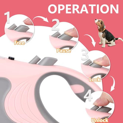 Retractable Dog Leash with Flashlight 16ft Walking Leash for Dogs up to 77lbs, 360° Tangle-Free Nylon Tape Anti-Slip Handle -Pink