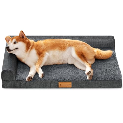 Patas Lague Orthopedic Dog Bed Medium Size Dog 30''X20'', Waterproof L Bolster Medium Pet Sofa Beds with Removable Washable Cover, Soft Pet Couch Crate Mat with Nonskid Bottom, Dark Grey - color: Dark Grey, size: 30"L x 20"W x 3.5"Th