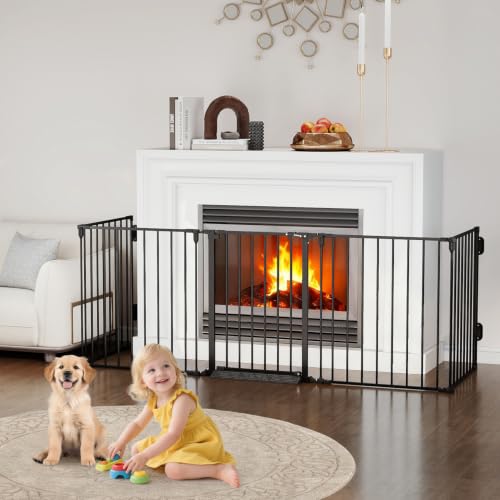 127.5" Extra Wide Baby Gate for Fireplace Christmas Tree, Configurable 5 Metal Panels Baby Fence, Child Gate for Wide Openings with Anti-Trip Pedal, Long Kid Gate for Dog Pet, 28'' Tall Black - color: Black, size: 127.5" Wide