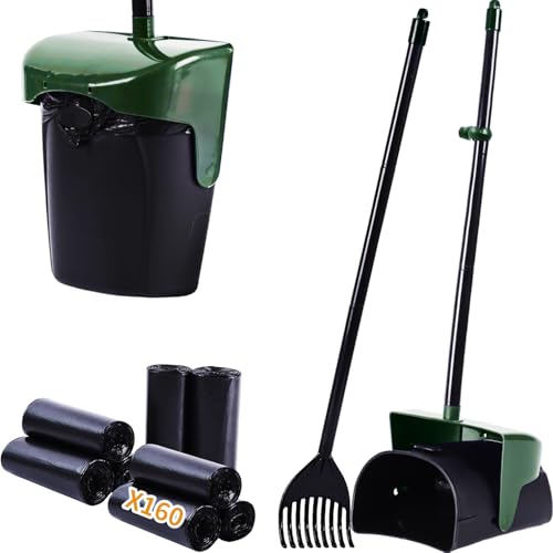 ienjoyed Pooper Scooper Large Swivel Bin & Rake with 160 Waste Bags,Heavy Duty Dog Pooper Scooper with Bag Attachment for Dogs, Long Handle Poop Scooper with Lid for Yard, Grass, Gravel(Dark Green) - color: Dark Green