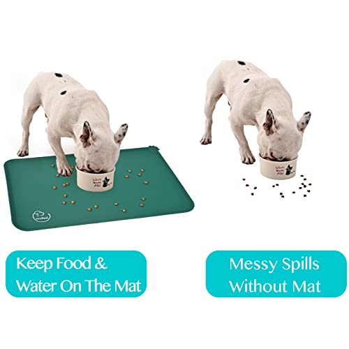 Silicone Waterproof Dog Cat Pet Feeding Mats, Non Slip, Easy Clean Pet Dog Cat Bowl Mats Placemat (18.5" x 11.5") Hunter Green - color: Hunter Green, size: 18.5" x 11.5"