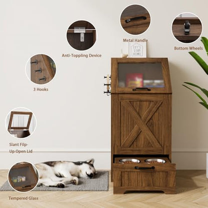 Dog Feeding Station with 2 Elevated Bowls, Dog Food Storage Cabinet with Pet Toy Organizer and Flip Top Pet Feeding Station,Hidden Pet Feeder Station for Cats and Dogs(Walnut) - color: Dog Feeding Station-Walnut