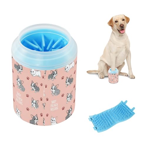 Cute Animals Puppies Pink Pattern Dog Paw Cleaner Cup with Soft Silicone Brush, Small Portable Lightweight Muddy Paw Washer for Dogs, Easy to Use Pet Foot Cleaner