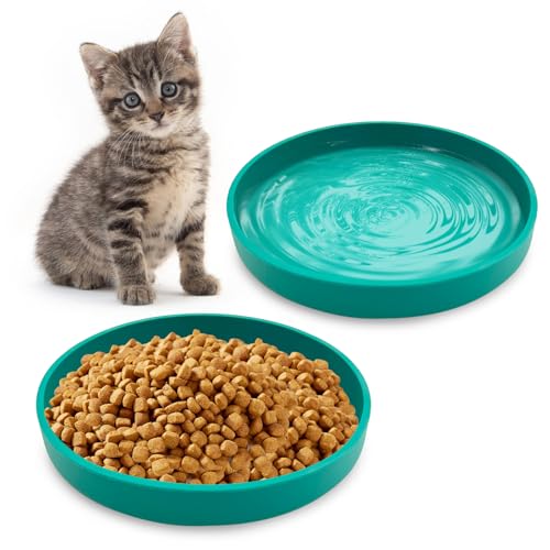 Silicone Cat Food Bowl Shallow Dishes 5.9in Wide Cats Bowls Set of 2 Kitty Plates Relief Whisker Fatigue Puppy Feeding Bowl for Dry Food and Wet Food Indoor (Round Green) - color: Green, size: M: 5.9 inches - without Suction Cup