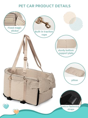 Prpeko Dog Car Seat for Small Dogs,Center Console Seat for Puppy,Anti-Collapse Pet Car Seat with Soft Cushion Safety Belt, Portable Car Armrest Seat for Dog & Cat Under 15 lbs (Grid-Brown)