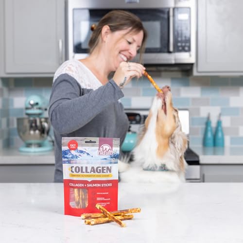 Wild Eats Real Salmon Collagen Bully Sticks for Dogs, 15 Count, 1cm Thick | Long lasting chew treats, satisfies natural gnawing urges, keeps pups busy and engaged, suits small, medium and big breeds - size: 5.3 Ounce (Pack of 15)