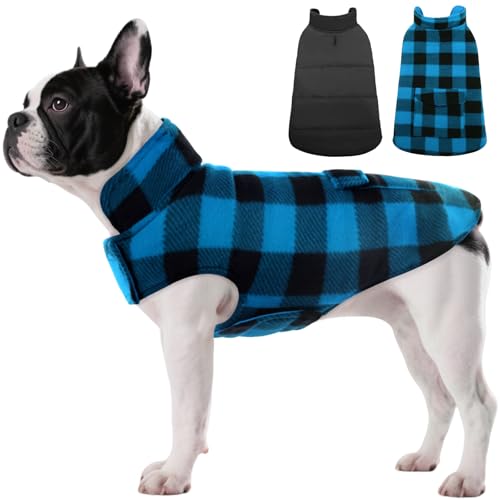 ASENKU Dog Winter Coat, Fleece Doggie Jacket Plaid Reversible Vest Waterproof Windproof Cold Weather Clothes for Small Medium Large Dogs (S, Blue) - color: Blue, size: Small