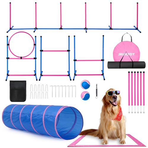 Dog Agility Course Backyard Set, Dog Agility Equipment, Pet obstacle Course Backyard with 6 Dual Mode Weave Poles, 2 Adjustable Hurdle, Jump Ring, Tunnel, Pause Box, Toy Balls and 2 Carrying Bags,Pink - size: Pink-15 PCS SET