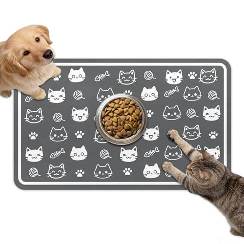 Dog Food Mat for Bowls, Absorbent Quick Dry Dog Cat Mats for Food and Water, Non-Slip Backing Pet Mat Pet Supplies - Cute Cat Pattern - color: Cat1