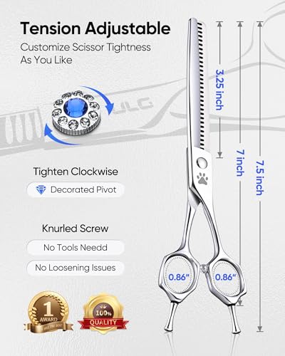 ULG Curved Dog Shears for Grooming, 7 Inch Professional Straight Chunker Dog Grooming Scissors for Trimming and Cutting, Japanese Stainless Steel Pet Hair Scissors, 65%-75% Thinning Rate - size: 7.0 Inch (Chunker)
