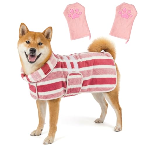Quick Drying Dog Bathrobe - Super Absorbent Dog Bathrobe with 2 Drying Gloves Coral Fleece Quick Drying Towel for Medium Dogs Adjustable Velcro Button Closure, L Size Fits Chest 25.6±1.2 Inches - size: Large