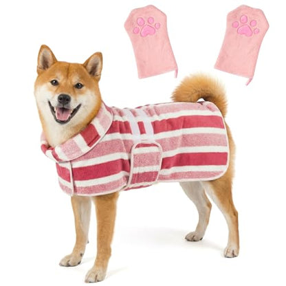 Quick Drying Dog Bathrobe - Super Absorbent Dog Bathrobe with 2 Drying Gloves Coral Fleece Quick Drying Towel for Medium Dogs Adjustable Velcro Button Closure, L Size Fits Chest 25.6±1.2 Inches - size: Large