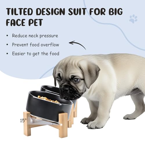 SPUNKYJUNKY 15° Slanted Ceramic Dog and Cat Bowl with Wooden Stand, Tilted Bulldog Food and Water Bowl No Slip Non-Spill for Cats Medium Dogs Big Face Pets 28.7 OZ (3.6 Cups, Black × 2) - color: Black, size: 3.6 CUPS × 2