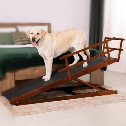 Dog Ramp for Bed with Safety Rails for High Beds up to 37" – Extra Wide 19.5" Adjustable Dog Bed Ramp for Large Dogs up to 200 lbs – Solid Birchwood, Non-Slip Rubber Surface, Foldable Design – Walnut - color: Walnut