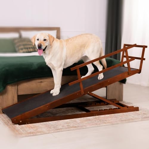 Dog Ramp for Bed with Safety Rails for High Beds up to 37" – Extra Wide 19.5" Adjustable Dog Bed Ramp for Large Dogs up to 200 lbs – Solid Birchwood, Non-Slip Rubber Surface, Foldable Design – Walnut - color: Walnut