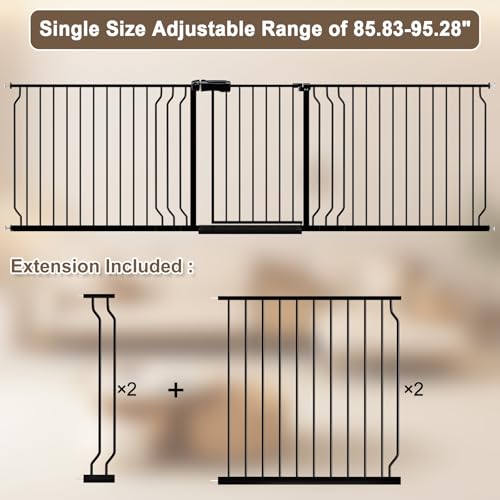 WAOWAO Baby Gate 218-241.9cm(86-95인치) 엑스트라 와이드 압력 장착 워크 스루 스윙 자동 닫힘 안전 블랙 메탈 유아 어린이 개 애완동물 강아지 계단, 출입구, 주방용 - color: 블랙., size: 85.83-95.28"/218-242cm