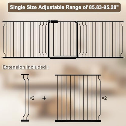 WAOWAO Baby Gate 218-241.9cm(86-95인치) 엑스트라 와이드 압력 장착 워크 스루 스윙 자동 닫힘 안전 블랙 메탈 유아 어린이 개 애완동물 강아지 계단, 출입구, 주방용 - color: 블랙., size: 85.83-95.28"/218-242cm