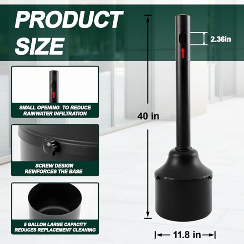 EBOOT 40 Inch Heavy Duty Steel Cigarette Disposal & Trash Receptacle, 5 Gallon Large Capacity Anti-topple Commercial Ash Urn, Windproof Outdoor Butt Can for Patio, Hotel, Office, Mall(Black)