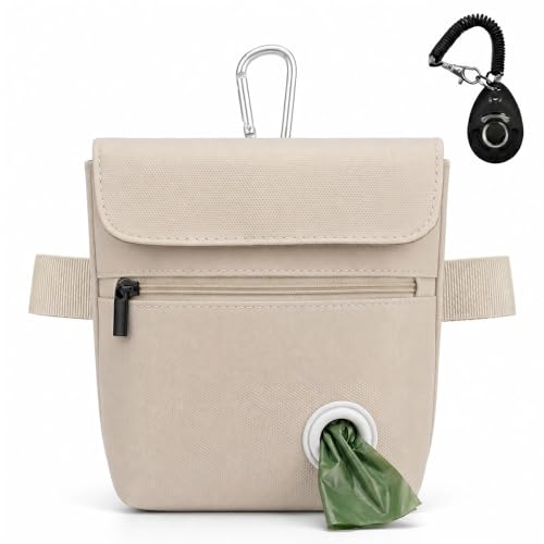 Dog Treat Pouch and Dog Training Clicker, Treat Bag with Poop Bag Dispenser, Powerful Magenetic Clasp, Metal Clip Waist Belt Fanny Pack for Pet Walk Dog Training (White) - color: White