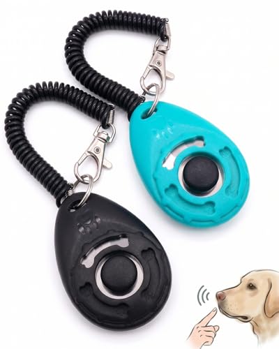 Dog Training Clicker with Coiled Wrist Strap and Metal Clip, Ergonomic Audible Marker for Puppy Obedience, Bone Pattern Design, Durable Plastic, Black and Teal Colors